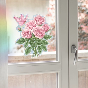 Pink rose and butterfly rainbow window cling with iridescent light reflection for home decor