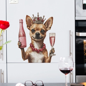 Cartoon Chihuahua wall sticker with golden crown and wine glass for home decor