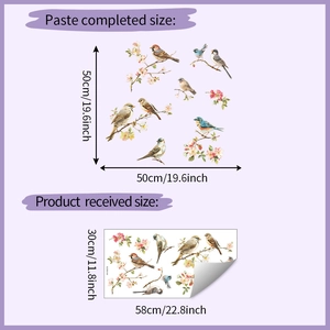 Detailed dimensions of self-adhesive wall stickers with birds and peach blossom branches
