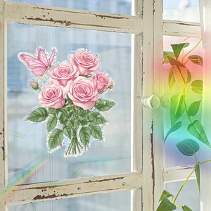 Holographic pink rose bouquet wall decal with butterfly for home interior decoration