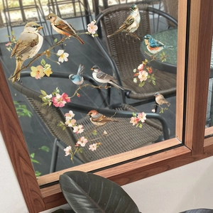 Self-adhesive wall stickers with realistic colorful birds and pink peach blossom branches