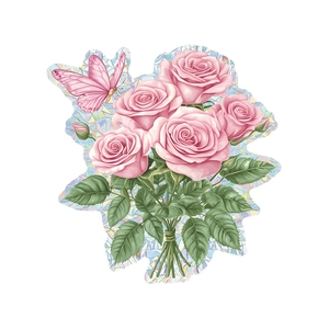 Pink rose floral wall sticker with butterflies and laser effect for home decoration
