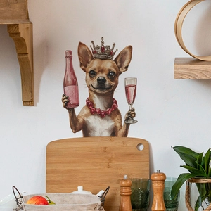 Creative wall sticker featuring a Chihuahua dog with crown and wine glass in a cozy kitchen