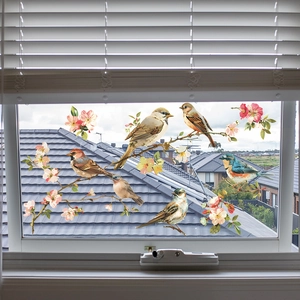 Self-adhesive wall sticker featuring colorful birds on peach blossom branches for home decor
