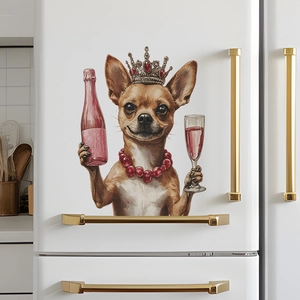 Creative crown puppy wall sticker on white fridge holding wine bottle and glass decal