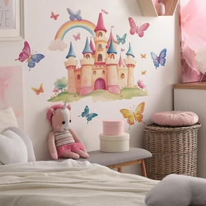 Watercolor butterfly and castle wall stickers for kids bedroom decor with rainbow accents