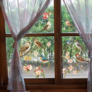 Peach Blossom Branch Bird Static Cling Window Sticker Removable PVC Glass Decal For Home Bedroom Living Room Decoration
