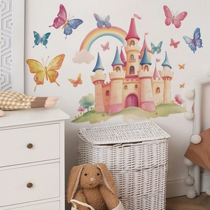 Colorful butterfly castle and rainbow wall stickers for children's bedroom decor