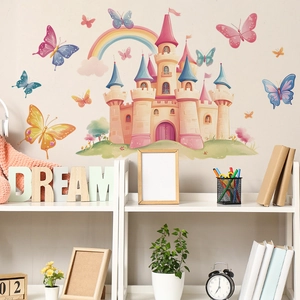 Colorful painted butterfly castle and rainbow wall stickers for children bedroom decoration