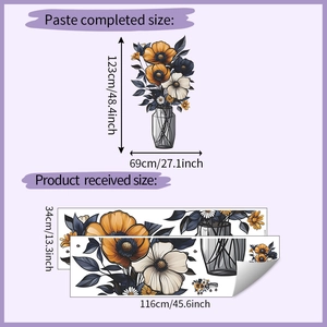 Floral wall sticker layout and finished dimensions with blue and orange flowers