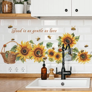 Sunflower kitchen wall decals with honey bees and floral basket home decor stickers