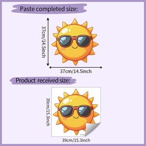 Size chart for cute sun wall decal with sunglasses showing finished and layout dimensions