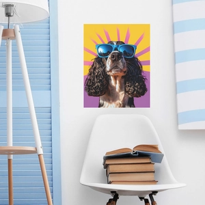 Art mural moderne avec un chien frisé et lunettes bleues sur fond géométrique éclatant
