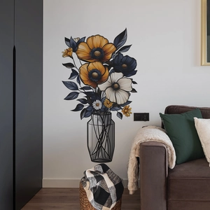 Retro floral sunflower glass vase wall sticker for home bedroom wall decoration