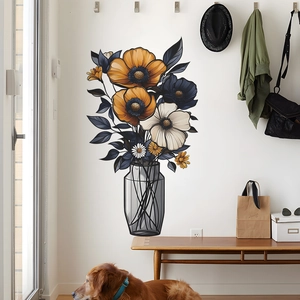 Self-adhesive wall decal featuring vibrant flowers in a glass vase for home decoration