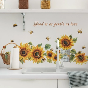 Sunflower bee wall stickers with Food is as gentle as love slogan for kitchen decor