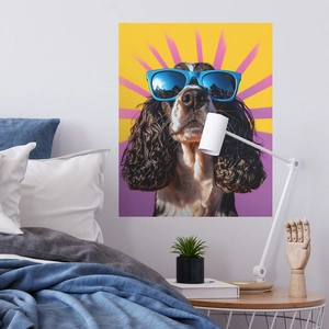 Autocollant mural pop art représentant un chien frisé brun avec lunettes de soleil bleues