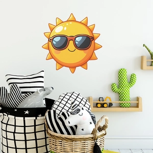 Smiling cartoon sun wall sticker wearing red sunglasses for kids bedroom decor