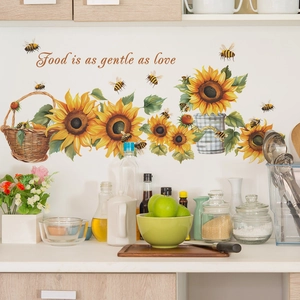 Self-adhesive sunflower and bee kitchen wall decals with Food is as gentle as love slogan