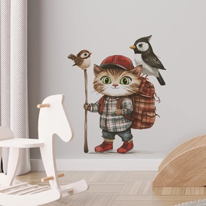 Cute cartoon cat traveler wall sticker with backpack for nursery and home decor