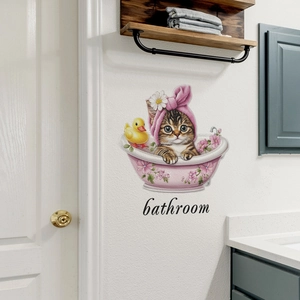 Cartoon-Katze in Badewanne Wandtattoo für Badezimmer Deko mit gelber Entchen Grafik