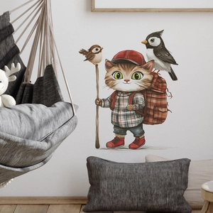 Cartoon hiking cat and bird wall sticker for home decor nursery wall art decal
