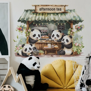 Cartoon Panda Afternoon Tea Wall Sticker PVC Removable Self Adhesive Wall Decals For Kids Room Bedroom Home Decor