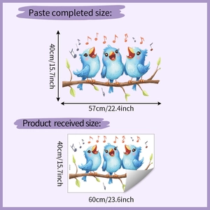 Detailed size comparison for bird on branch wall stickers with 40x57cm finish dimensions