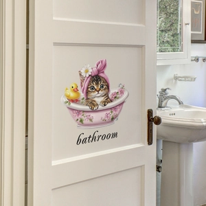 Cartoon Katze in Badewanne Wandsticker Dekoration für Badezimmertür im schlichten Stil