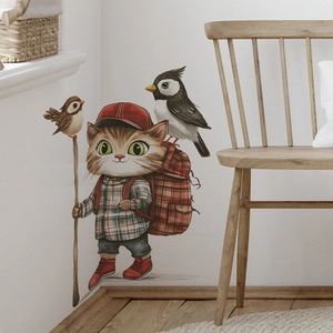 Cartoon hiking cat and birds wall sticker for living room bedroom home decor