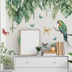 Tropical rainforest wall sticker featuring parrot, palm leaves, and colorful butterflies