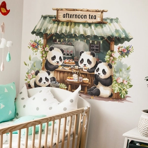Cute panda afternoon tea wall stickers for kids bedroom nursery watercolor wall art decor
