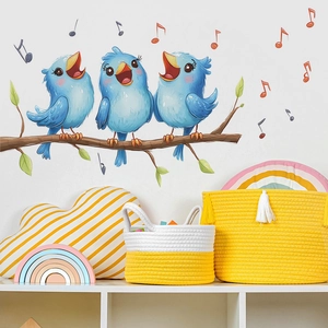 Cartoon Blue Birds Singing On Tree Branch Wall Sticker PVC Self-Adhesive Musical Note Decal For Kids Room Home Decor