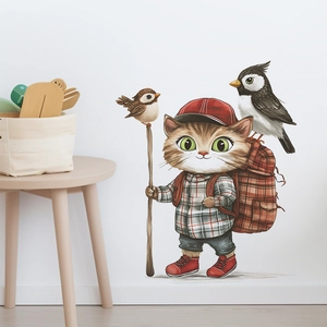 Traveling Hiking Cat And Birds Wall Sticker Removable PVC Decal For Kids Room Bedroom Living Room Decor Cartoon Animal Self Adhesive Wallpaper