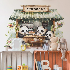 Cartoon panda afternoon tea wall sticker for kids bedroom decor and nursery wall art