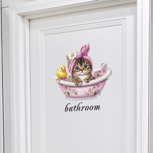Wandtattoo Katze in Badewanne für Badezimmertür Deko mit Blumen und Quietscheente