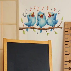 Singing blue birds on tree branch wall sticker with colorful notes for nursery decor