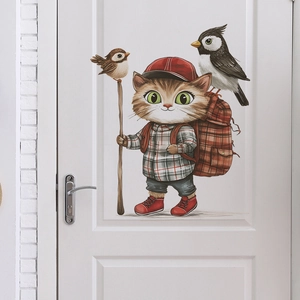 Cartoon hiking cat wall sticker with backpack and birds for home bedroom decoration