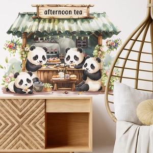 Watercolor panda afternoon tea wall stickers for home bedroom and entryway decor