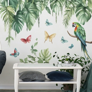 Tropical wall decals featuring palm leaves, parrots and colorful butterflies for home decor