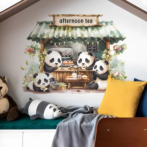 Watercolor panda afternoon tea wall sticker for cozy home bedroom nursery wall decor