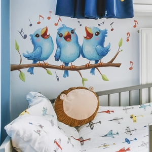 Cartoon blue birds on tree branch wall decal for kids nursery and bedroom decor