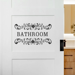 Elegant black Bathroom door sticker with floral vintage scroll frame on white door