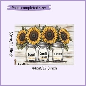 Detail showing 44x30cm sunflower wall stickers in glass jars on vintage wood background