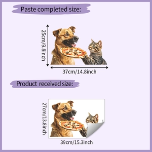 Detailed size guide for cat and dog eating pizza wall sticker with specific dimensions