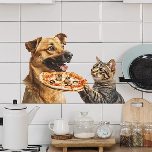 Funny cat and dog eating pizza wall stickers for kitchen tile decoration in a modern home