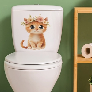 Cute Cat Floral Wreath Wall Sticker Waterproof PVC Self Adhesive Toilet Decal For Bathroom Living Room Home Decor