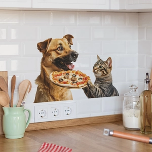 Cute cat and dog eating pizza wall sticker for kitchen tile decoration in a lively style