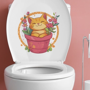 Sticker de Toilette Chat Orange en Pot de Fleurs PVC Imperméable Autocollant Décalcomanie Murale pour Salle de Bain Maison