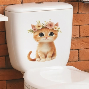 Cute kitten wall sticker with floral wreath decoration for home and bathroom wall decor